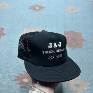 Vintage trucker hat mesh cap J&J truck repair black adjustable Michigan